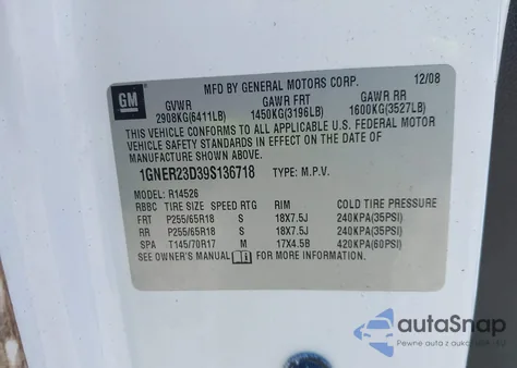 2009 Chevrolet Traverse Lt from USA, damaged, VIN 1GNER23D39S136718